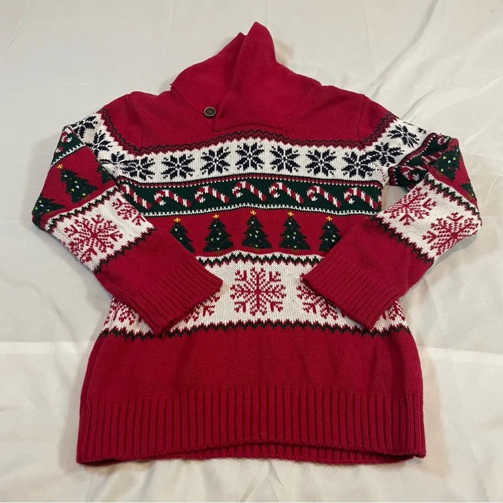 The Children's‎ Place Red Fair Isle Collar Holiday Tree Knit Sweater